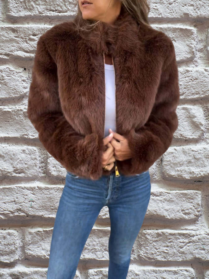 Short Faux Fur Jacket | Stand Collar