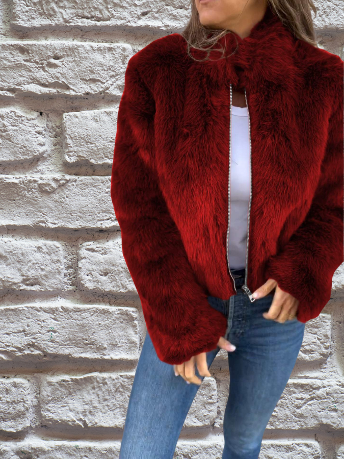Short Faux Fur Jacket | Stand Collar