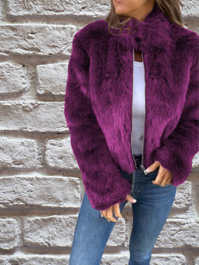 Short Faux Fur Jacket | Stand Collar
