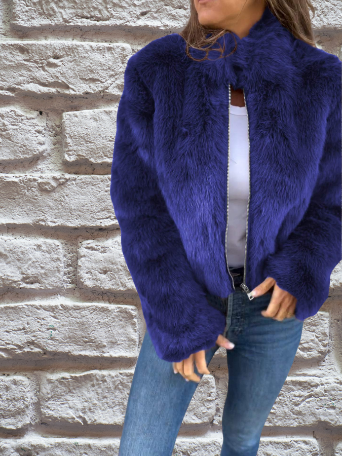 Short Faux Fur Jacket | Stand Collar