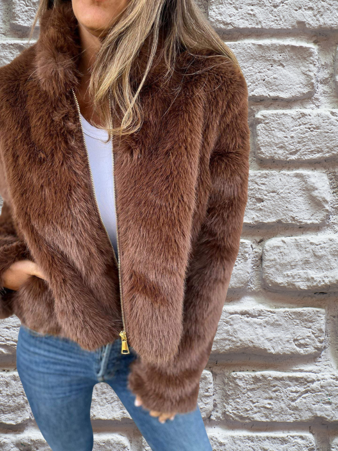 Short Faux Fur Jacket | Stand Collar