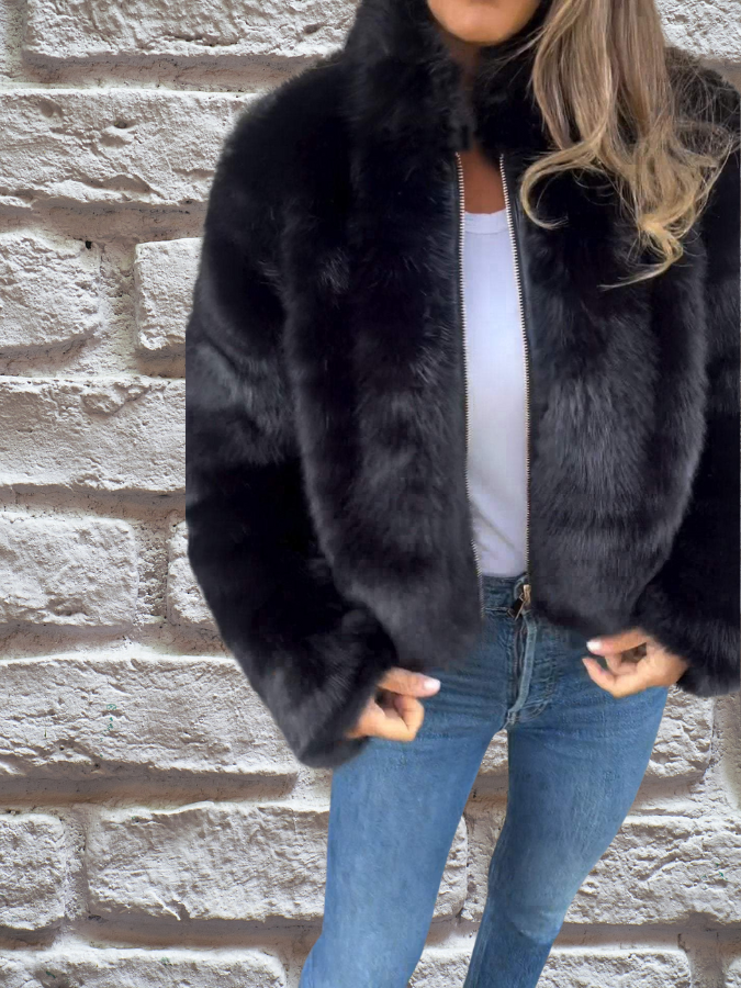 Short Faux Fur Jacket | Stand Collar