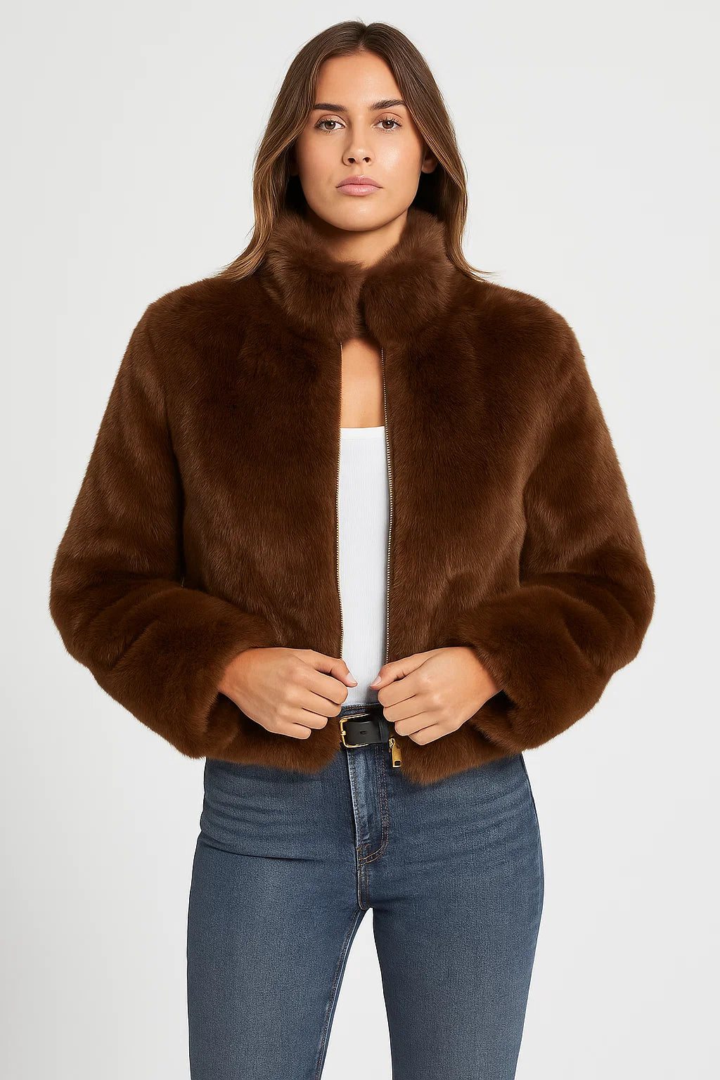 Short Faux Fur Jacket | Stand Collar